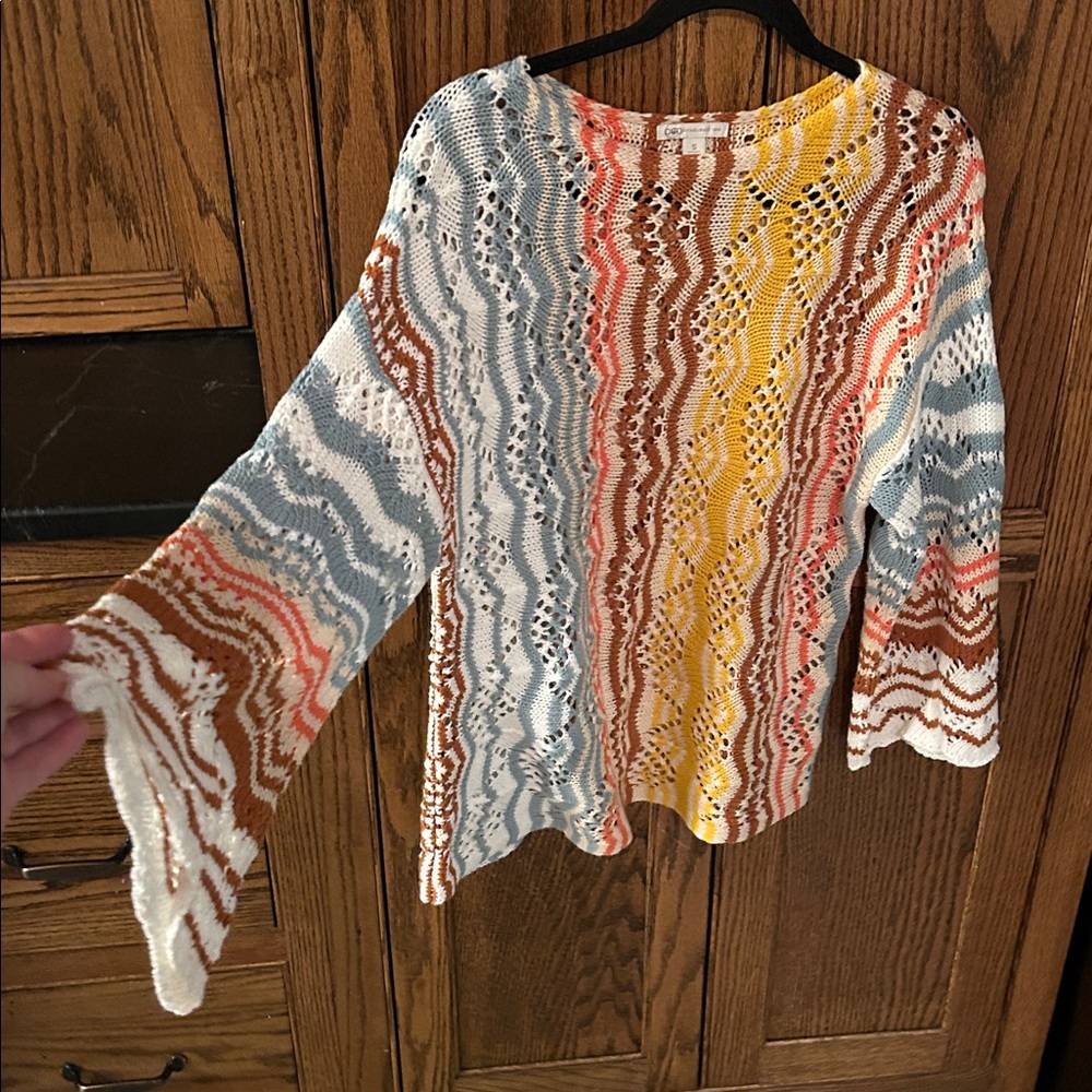 Cato Womens Open Knit Sweater MultiColor Striped Bell Sleeve Retro Crochet Small - Picture 2 of 6